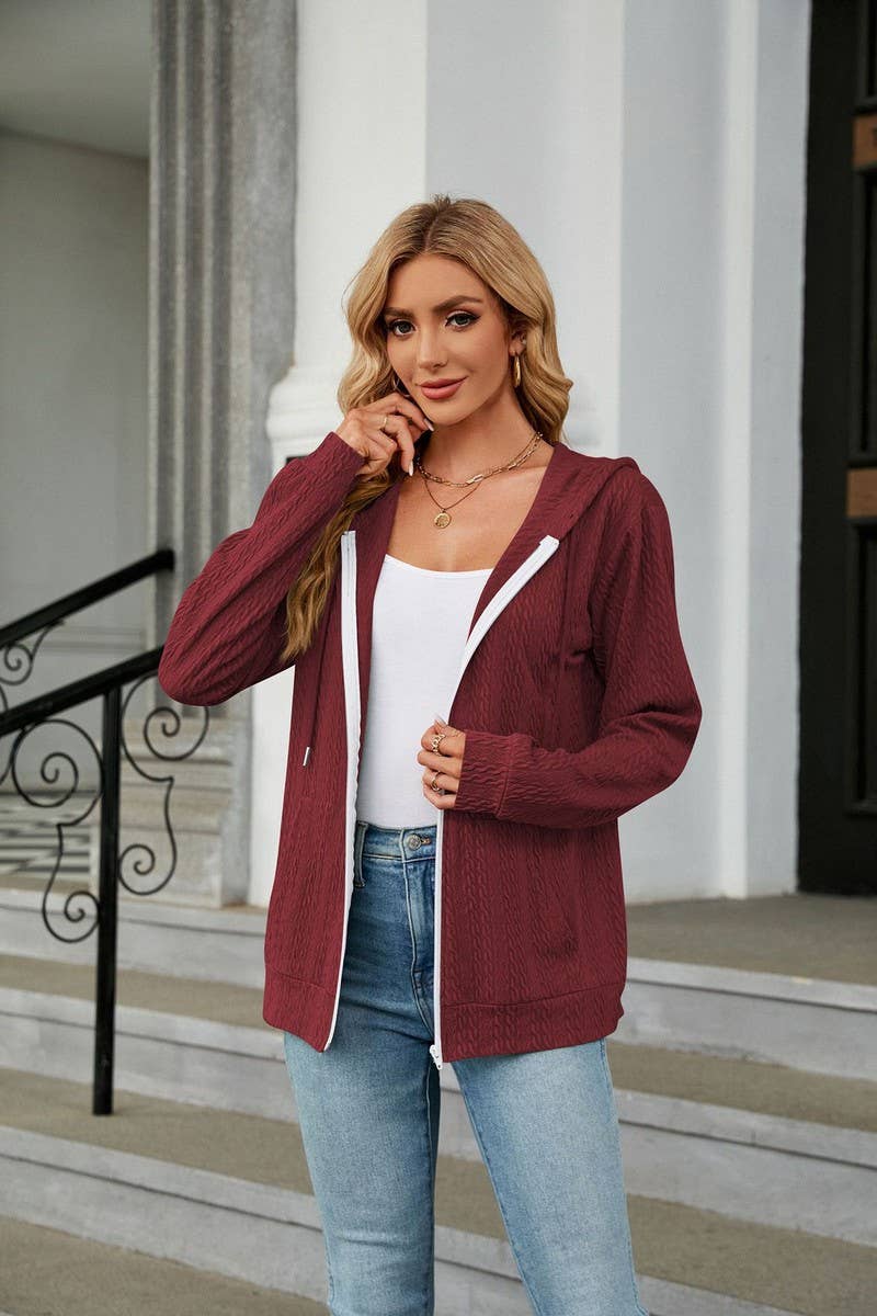 CWOHOL0931_LONG SLEEVE HOODED ZIPPER POCKET SWEATSHIRT COATS