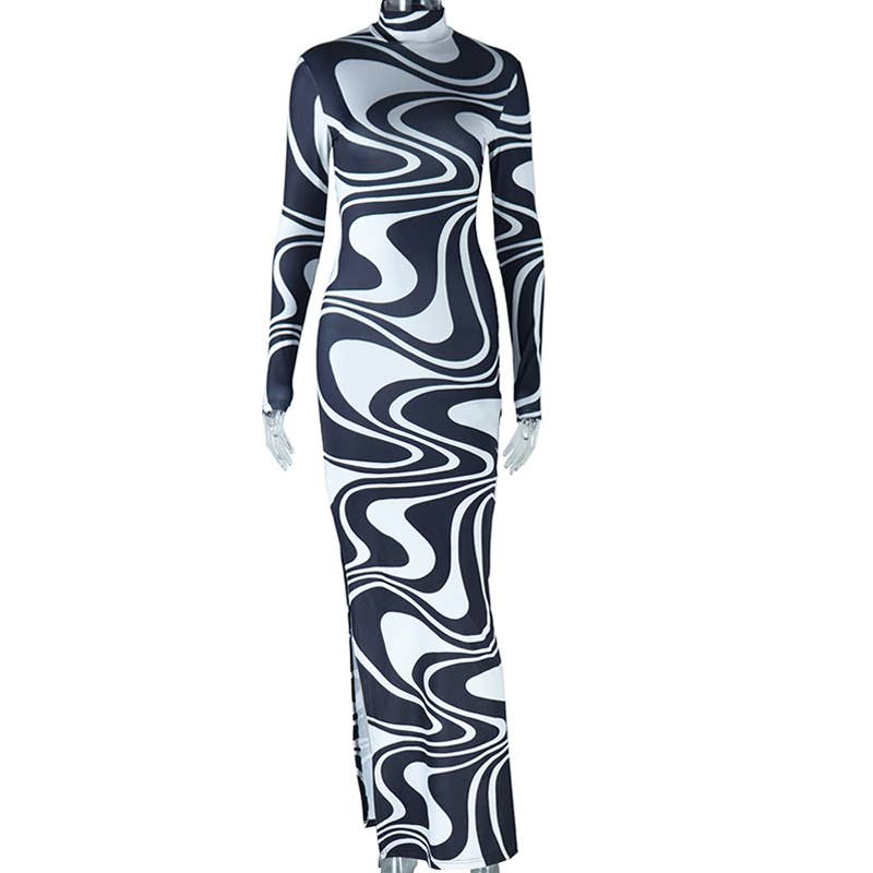 PRINTED SHEATH DRESS LONG SLEEVE MID-LENGTH SKIRT