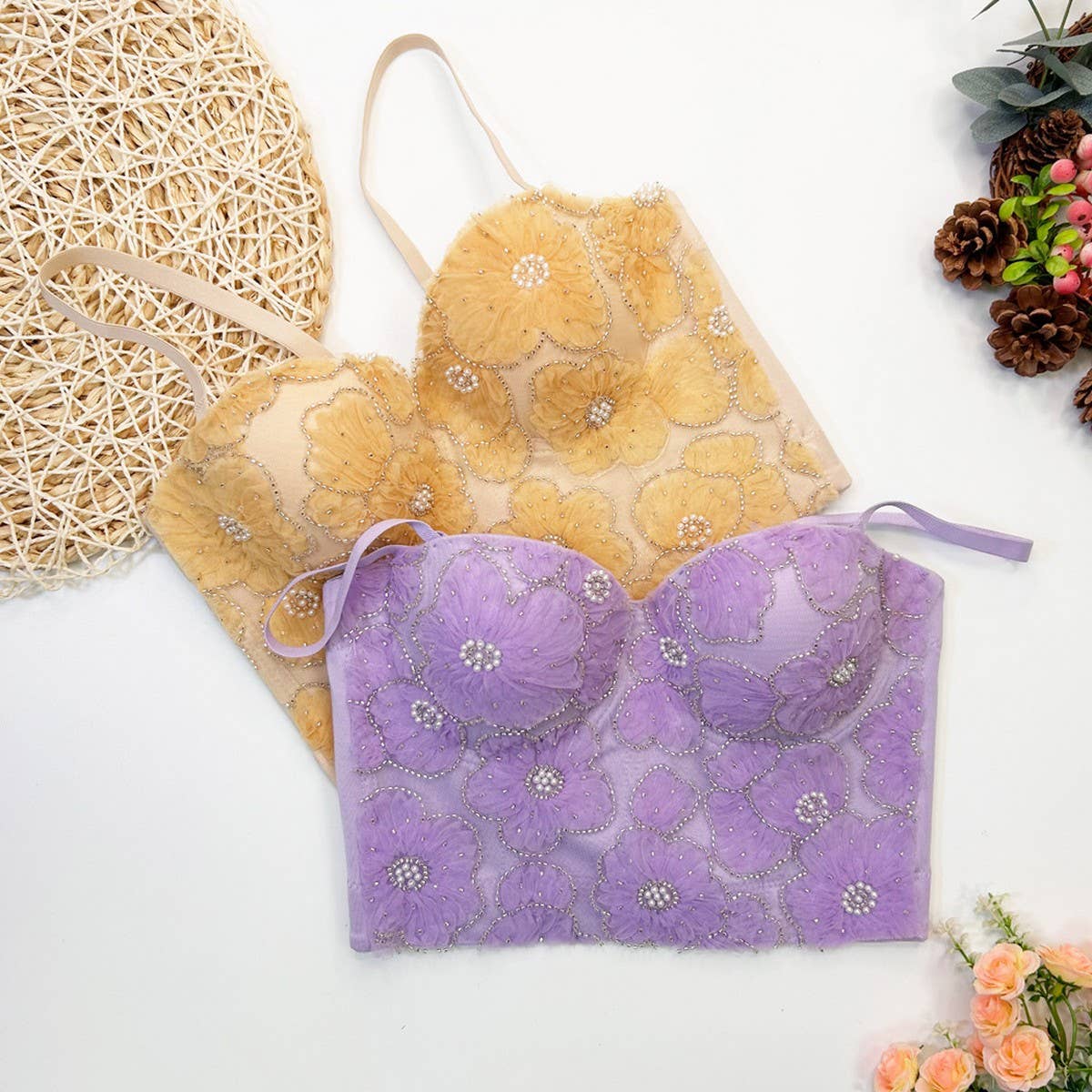 LACE EMBROIDERED FLOWER HERRINGBONE CORSET