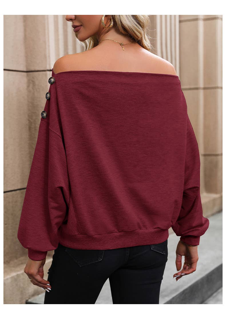SOLID COLOR LINE NECK OFF-THE-SHOULDER HOODIE
