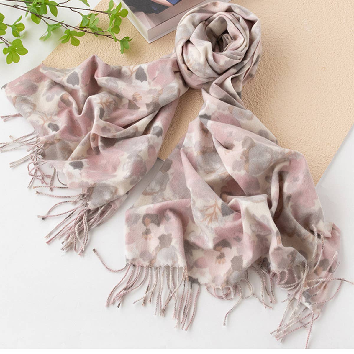 Floral Faux Cashmere Scarf??Soft Warm Tassel Shawl