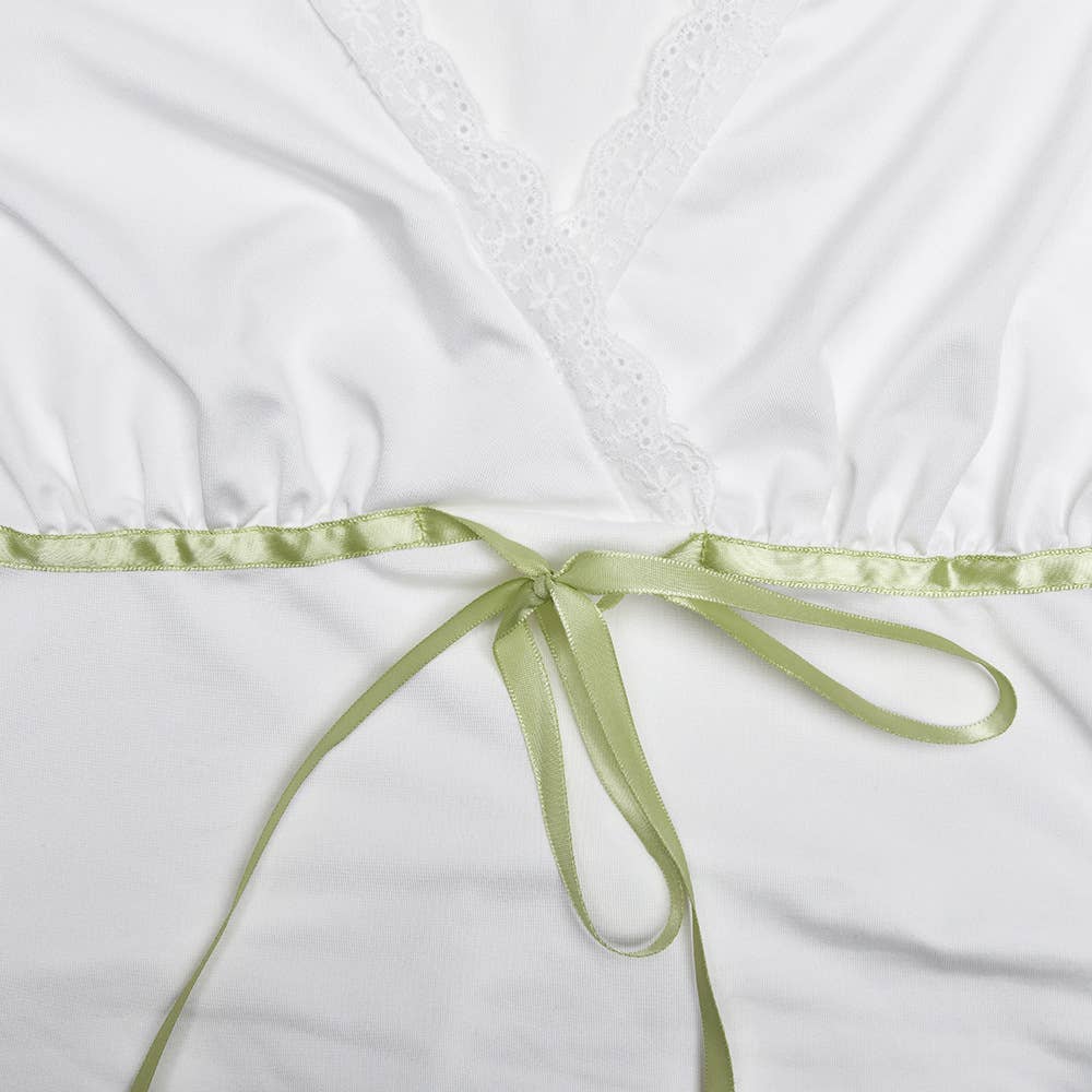 V-neck lace-trimmed bow sexy slimming T-shirt