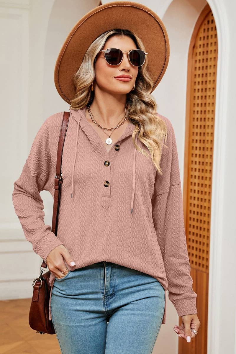 CWOHOL0984_SOLID COLOR BUTTON-UP HOODIE WITH LONG SLEEVES