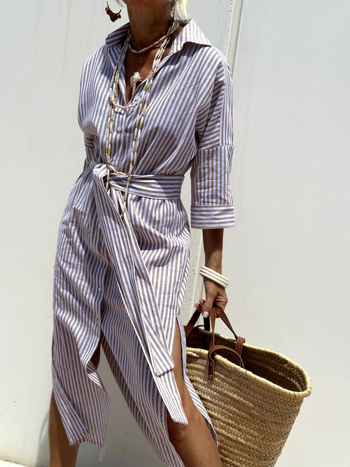 FIVE-QUARTER SLEEVE STRIPED SHIRT DRESS