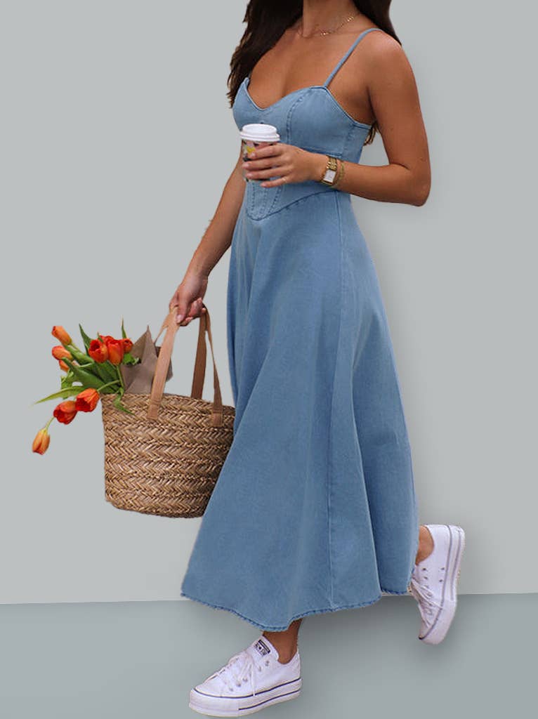 V-neck halter strap elastic denim long dress