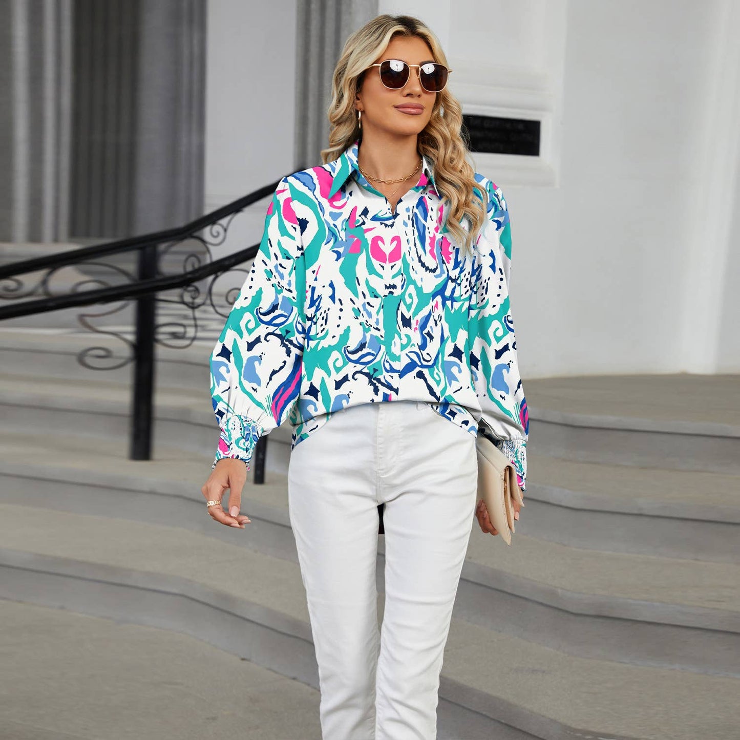 LAPEL FLORAL PRINT CASUAL LONG-SLEEVED SHIRT
