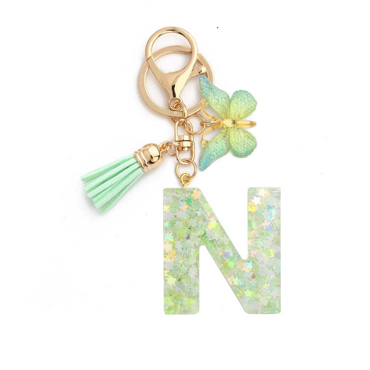 Green Butterfly Resin Letter Keychain with Glitter_CWAB5079