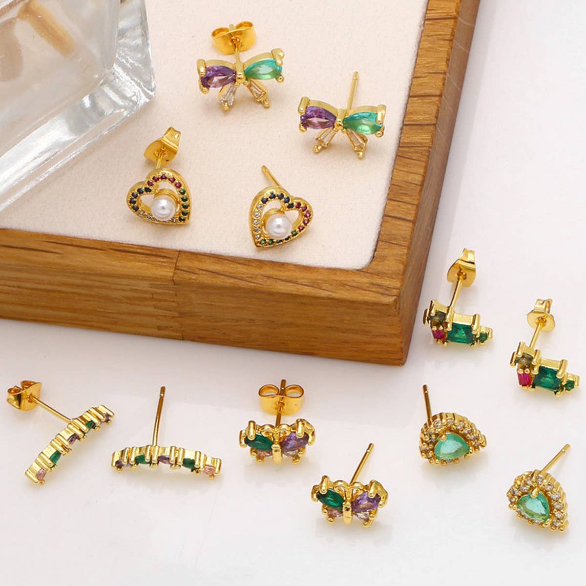 COLORED ZIRCON HEART BOW EARRINGS
