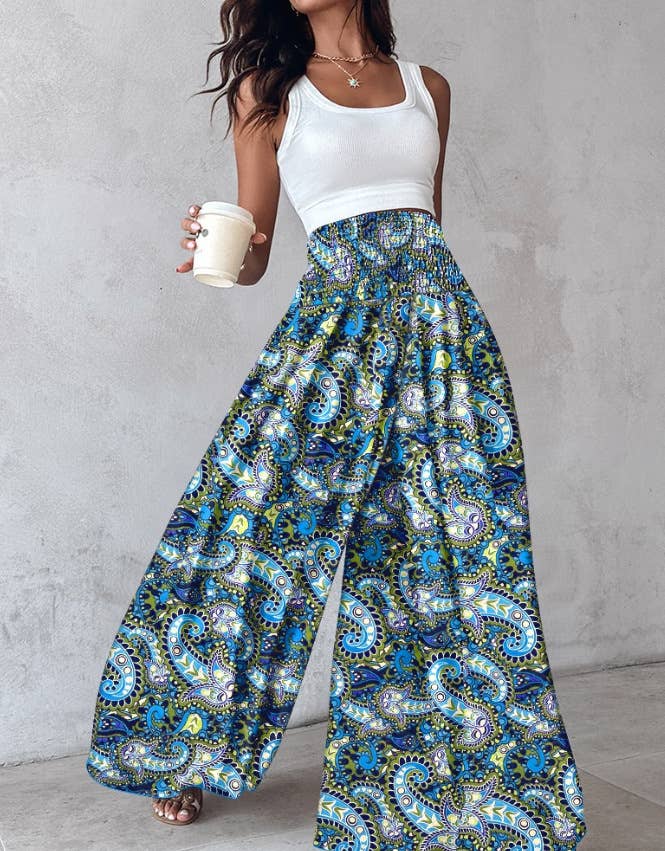 Tropical print retro floral print wide leg pants