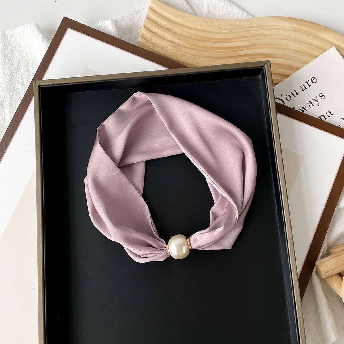 Silky Print Scarf Necklace ? Pearl Magnetic Clasp