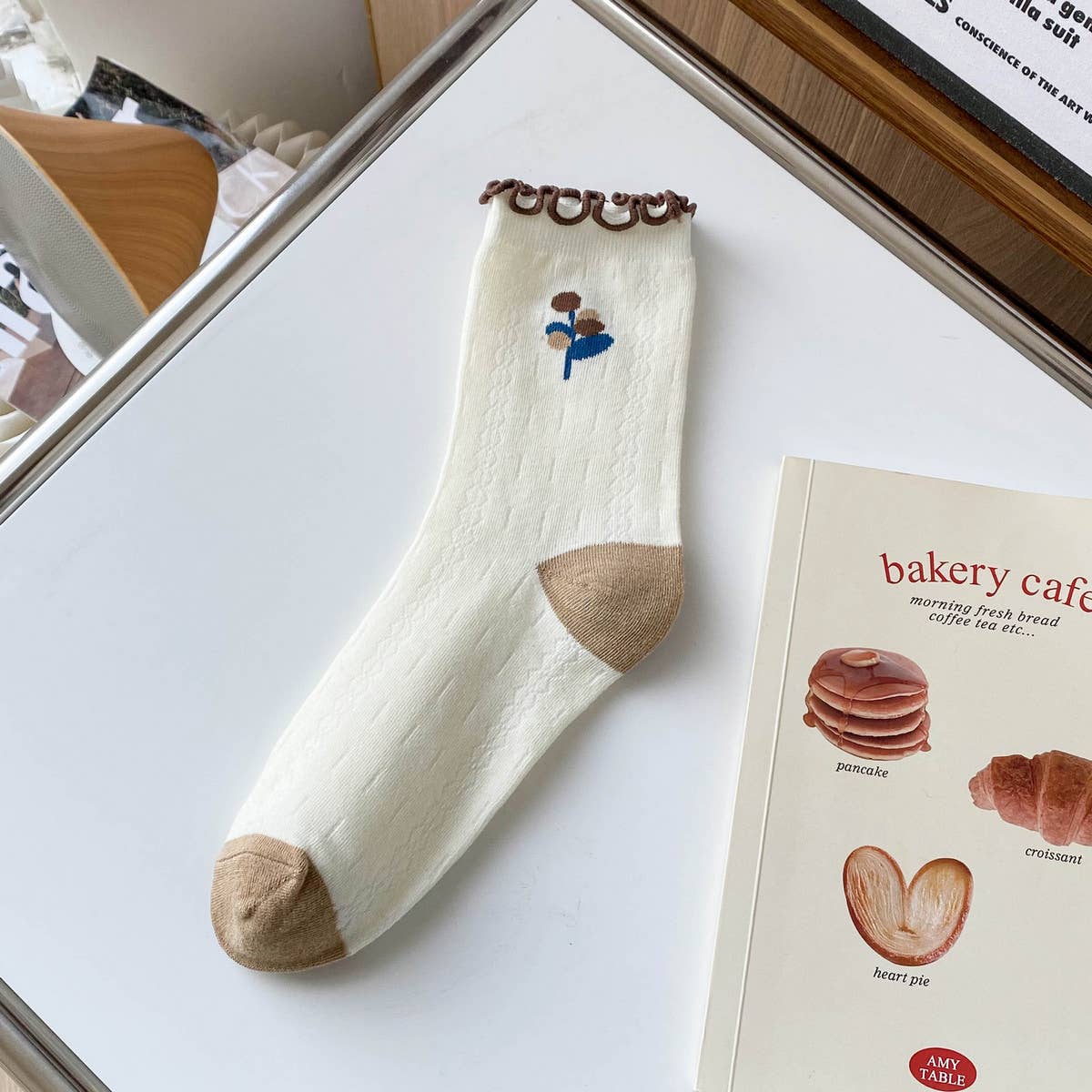 White coffee color Floral Print Crew Socks