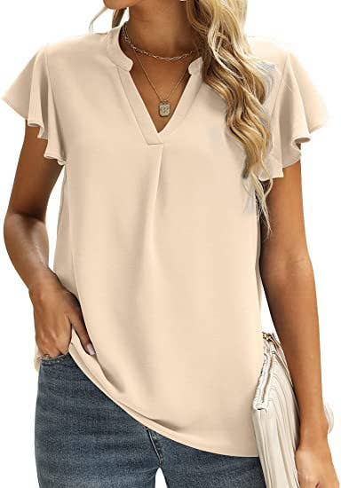 V-neck fly sleeve short sleeve solid color top