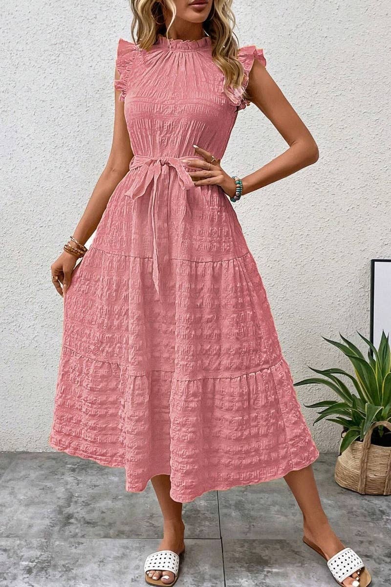 CWDMD2747_SUMMER WOODEN EAR EDGE LACE-UP DRESS LONG