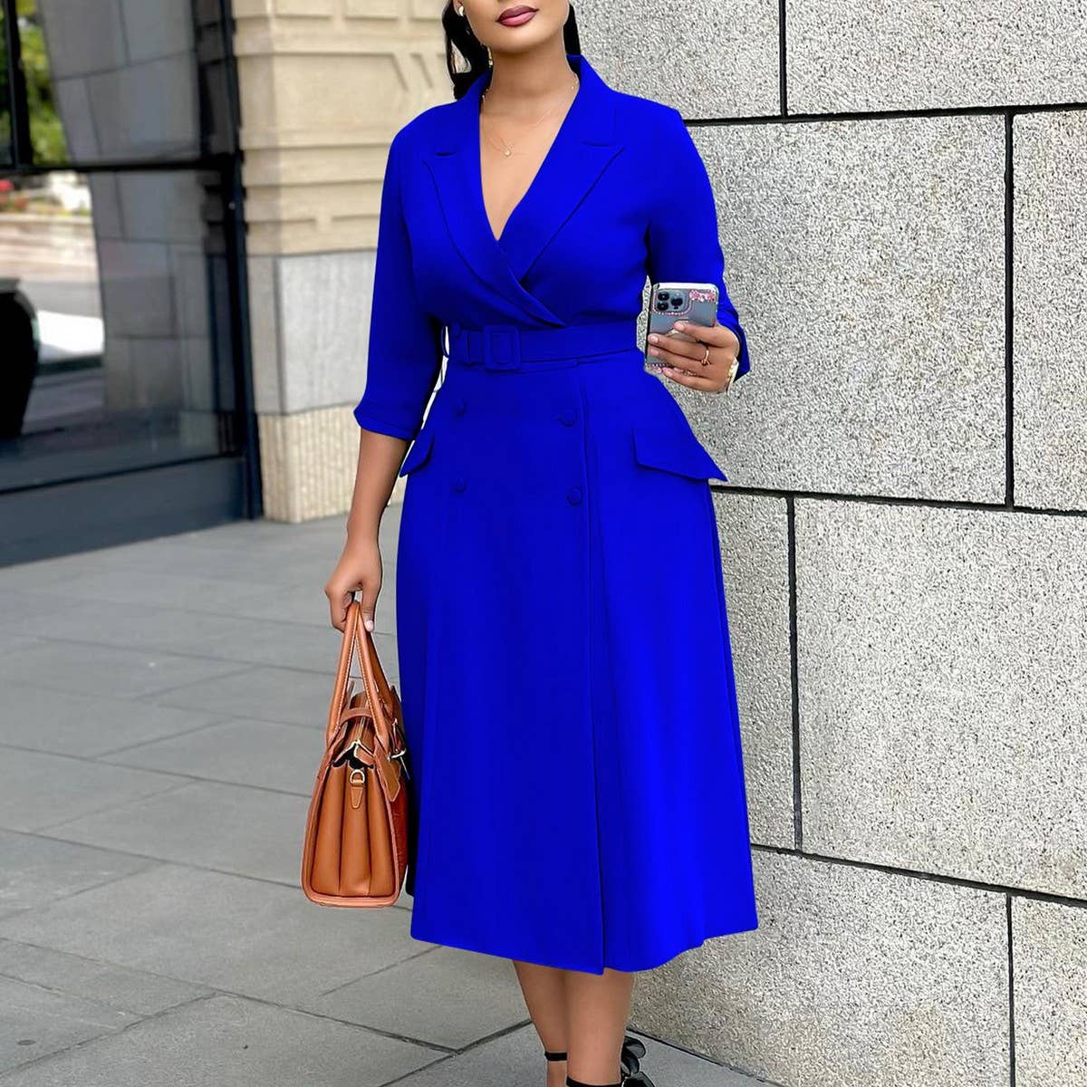 DOUBLE BREASTED SUIT COLLAR SOLID COLOR DRESS
