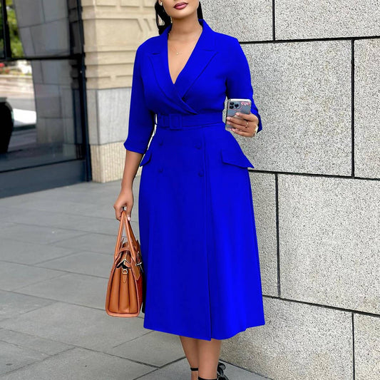 DOUBLE BREASTED SUIT COLLAR SOLID COLOR DRESS