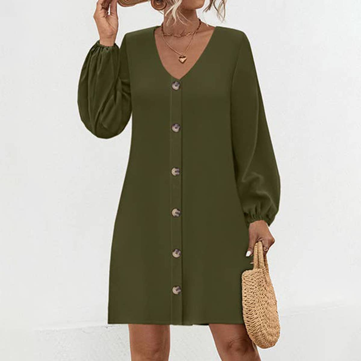 V-NECK SOLID COLOR LANTERN SLEEVE DRESS