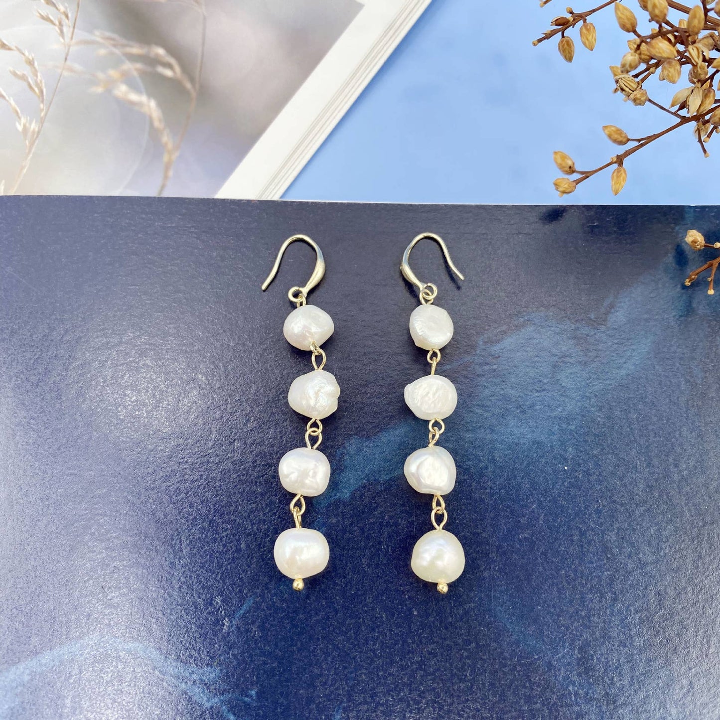 S925 Silver needle natural pearl long earrings
