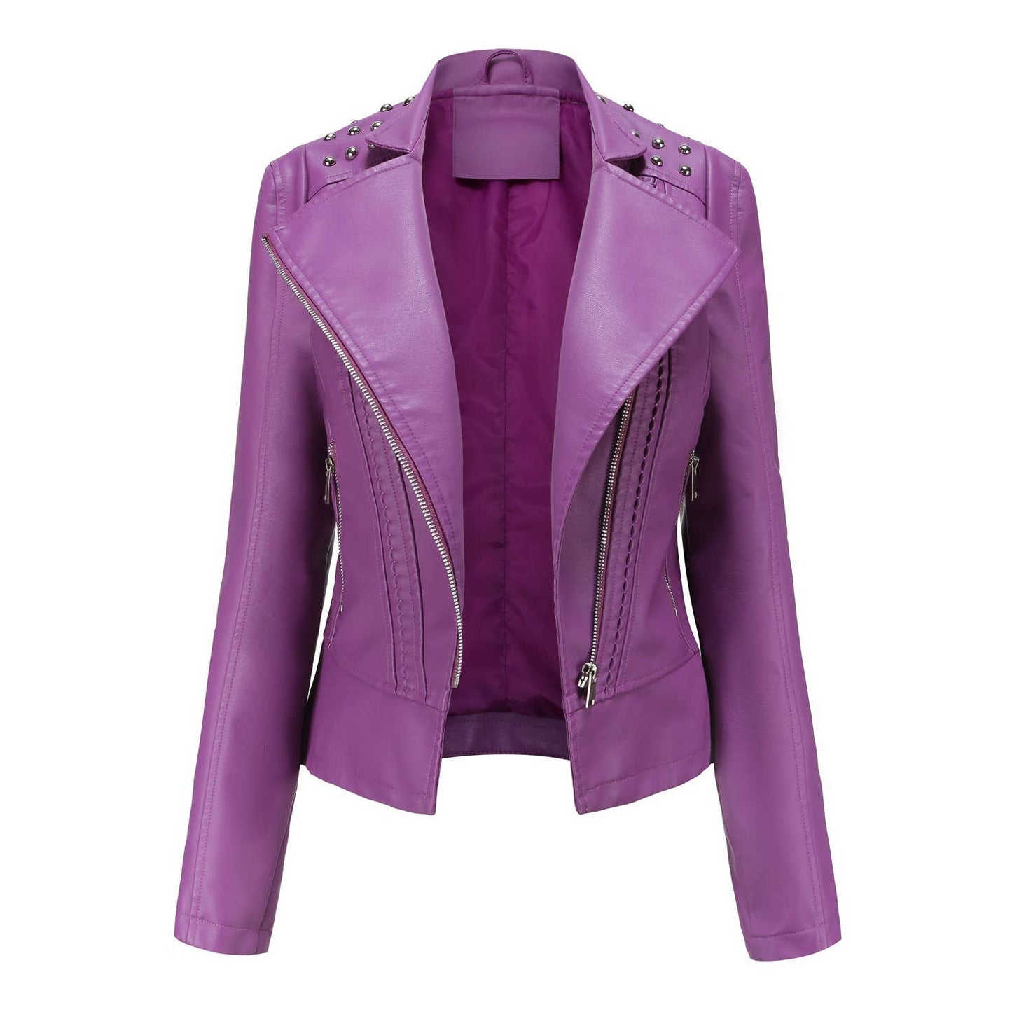 Thin beaded leather biker jacket with lapel