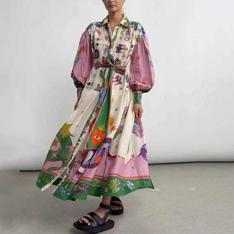 LANTERN SLEEVE PRINTED LAPEL LONG-SLEEVED DRESS
