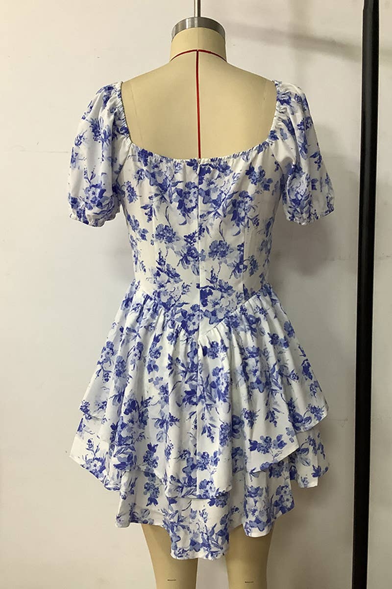 PRINTED SLIM SHORT SLEEVE CAKE DRESS