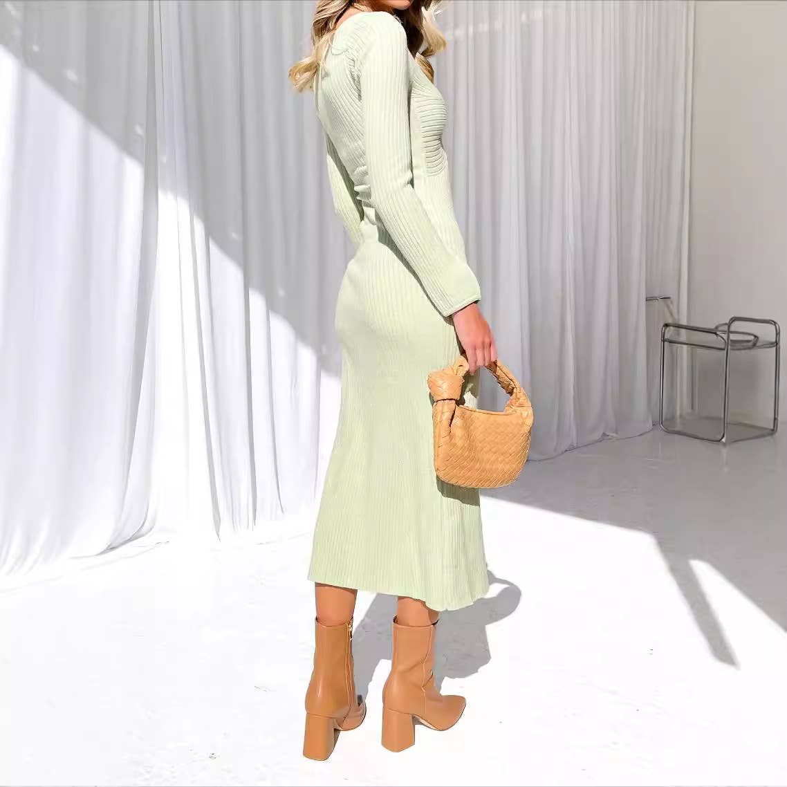 SEXY SPICE LONG SLEEVE TWIST PLEATED LONG DRESS