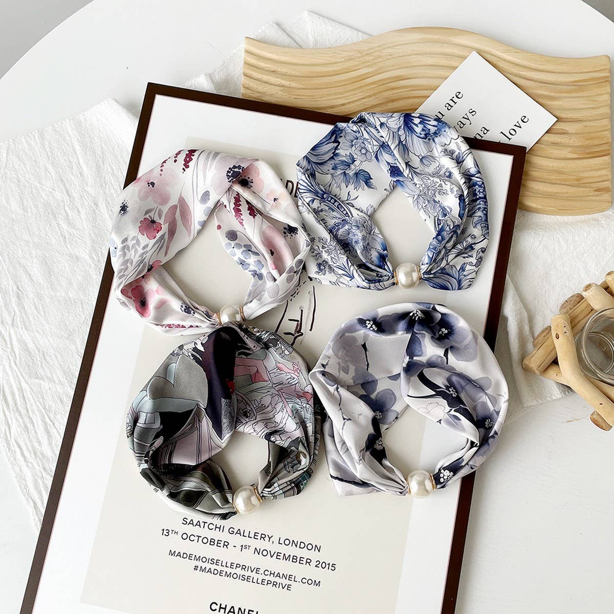 Silky Print Scarf Necklace ? Pearl Magnetic Clasp