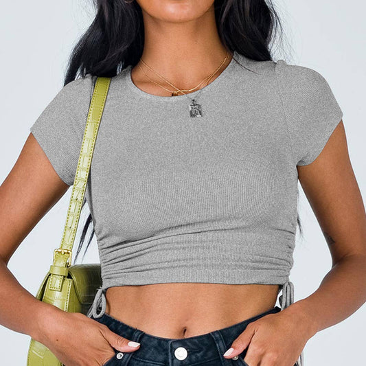 ROUND NECK DRAWSTRING SHORT SLEEVE RIB CROP TEE_CWTSTS0337