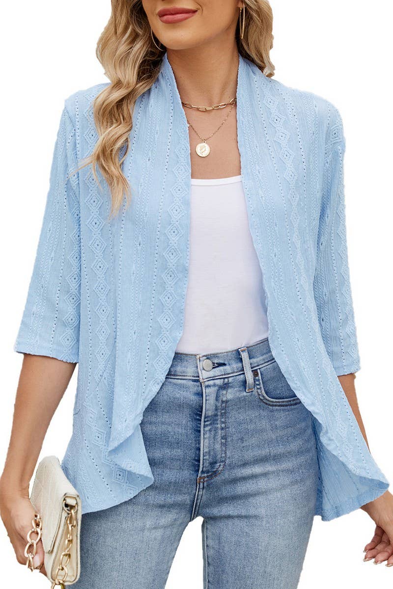 CWOCO1162_SOLID COLOR 3/4 SLEEVE RUFFLED CARDIGAN