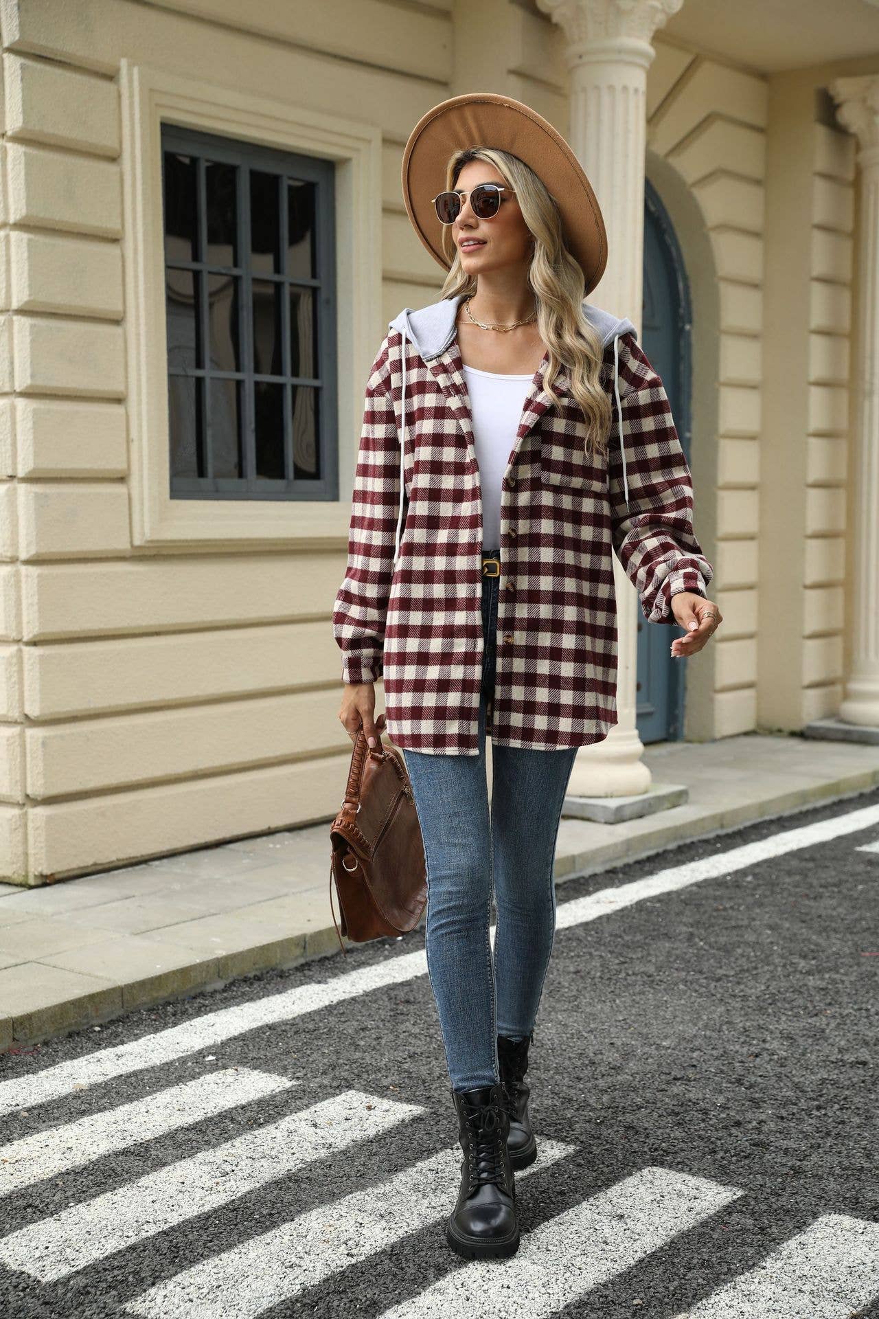 HOOD PLAID PATCHWORK SINGLE BREASTED WOOLEN COAT