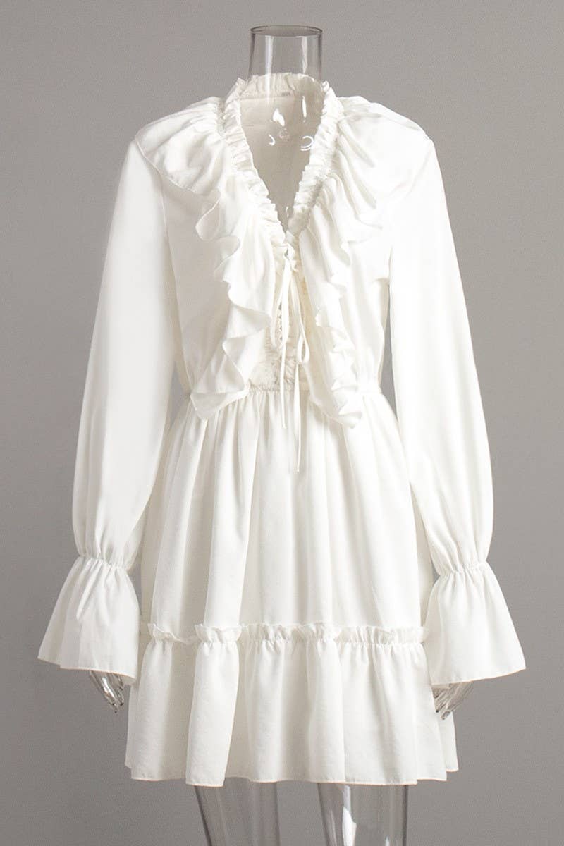 CWDSD7805_V-NECK BELL SLEEVE SHORT CHIFFON DRESS