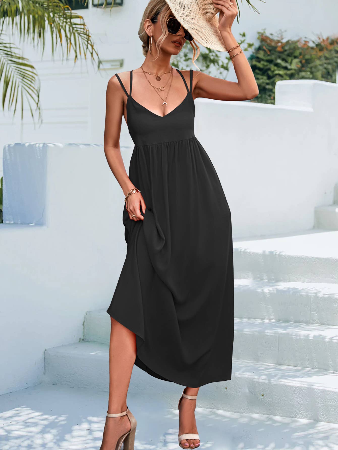 Sexy V-neck solid-color backless halter dress