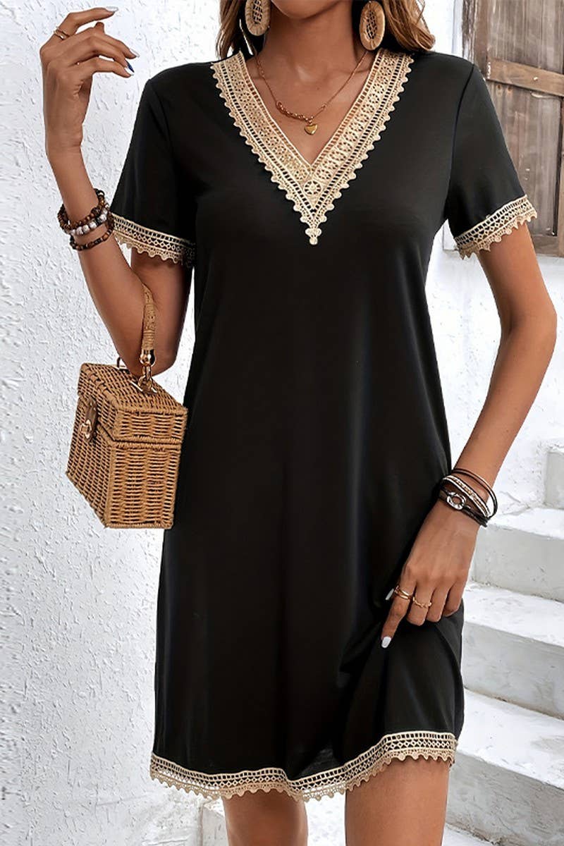 CWDSD7861_LACE V-NECK SHORT SLEEVES KNIT A-LINE DRESS
