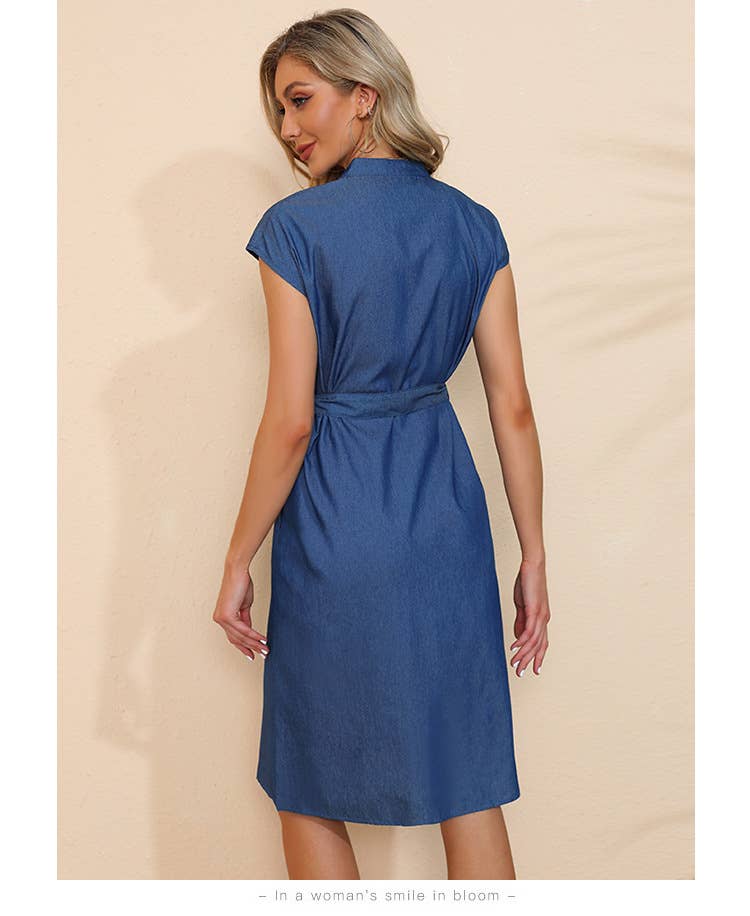 Simple lace-up denim dress with stand-up collar