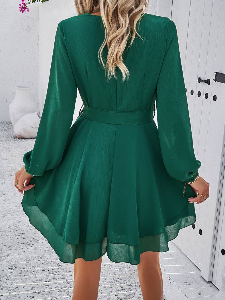 SOLID COLOR TEMPERAMENT LONG-SLEEVED DRESS