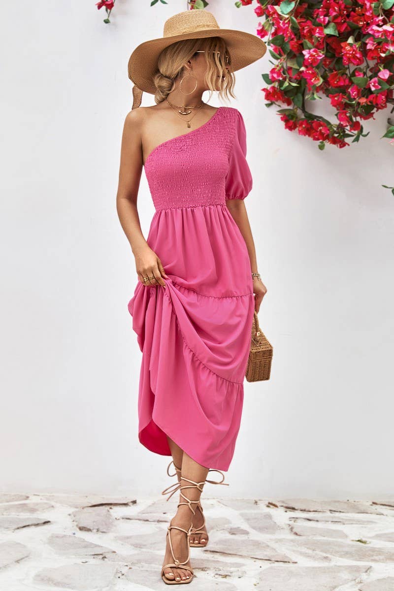 SLANT SHOULDER PUFFY SLEEVE DRESS_CWDSD2635