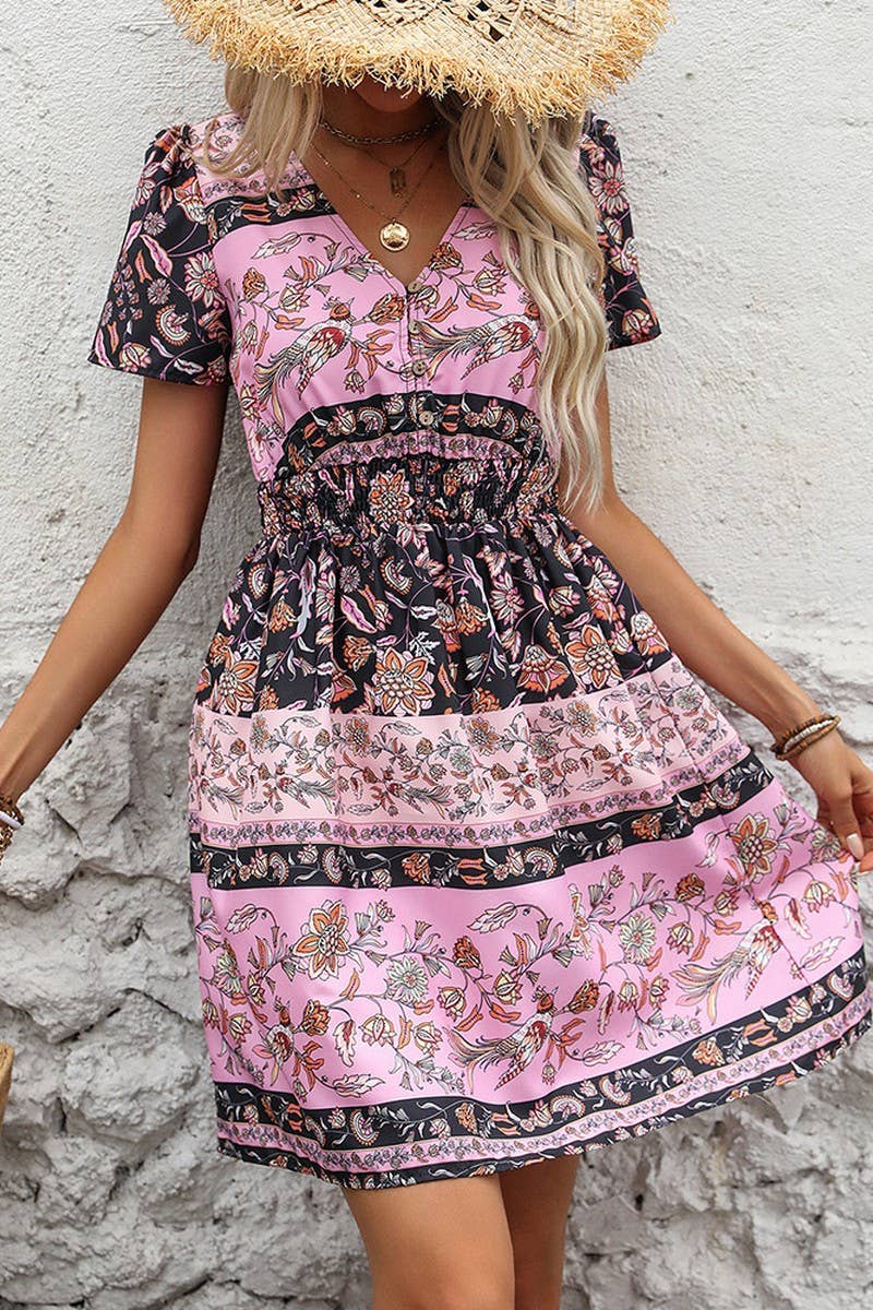 CWDMD4487_2025 NEW BOHEMIAN STYLE V-NECK PRINTED DRESS