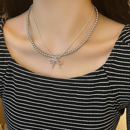 FASHIONABLE TASSEL BOW PEARL DOUBLE LAYER NECKLACE