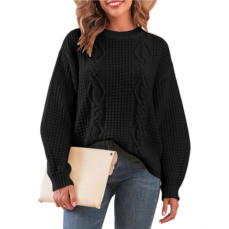 SOLID COLOR CREW NECK TWIST PULLOVER SWEATER