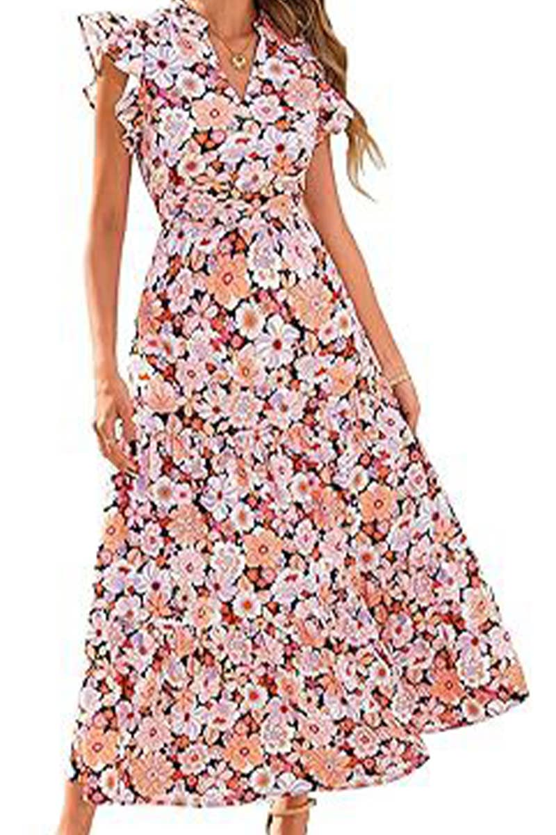 CWDMD6342_V-NECK PLEATED FLYING SLEEVES PRINTED MIDI DRESS
