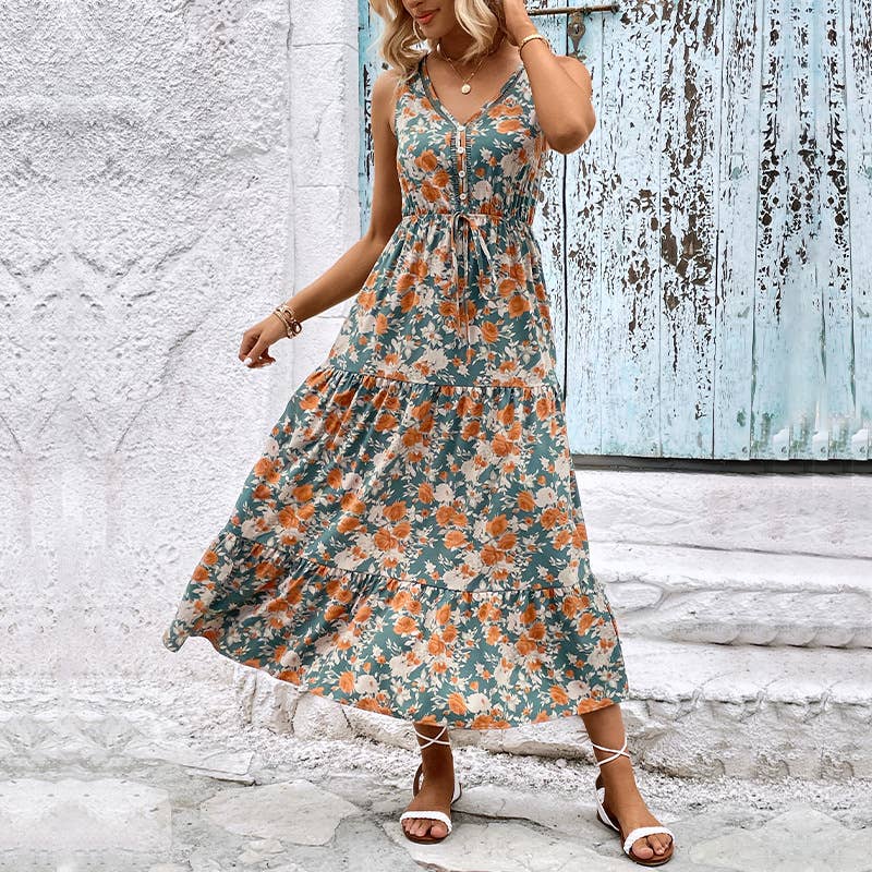 V-neck printed high waist waist long swing dress