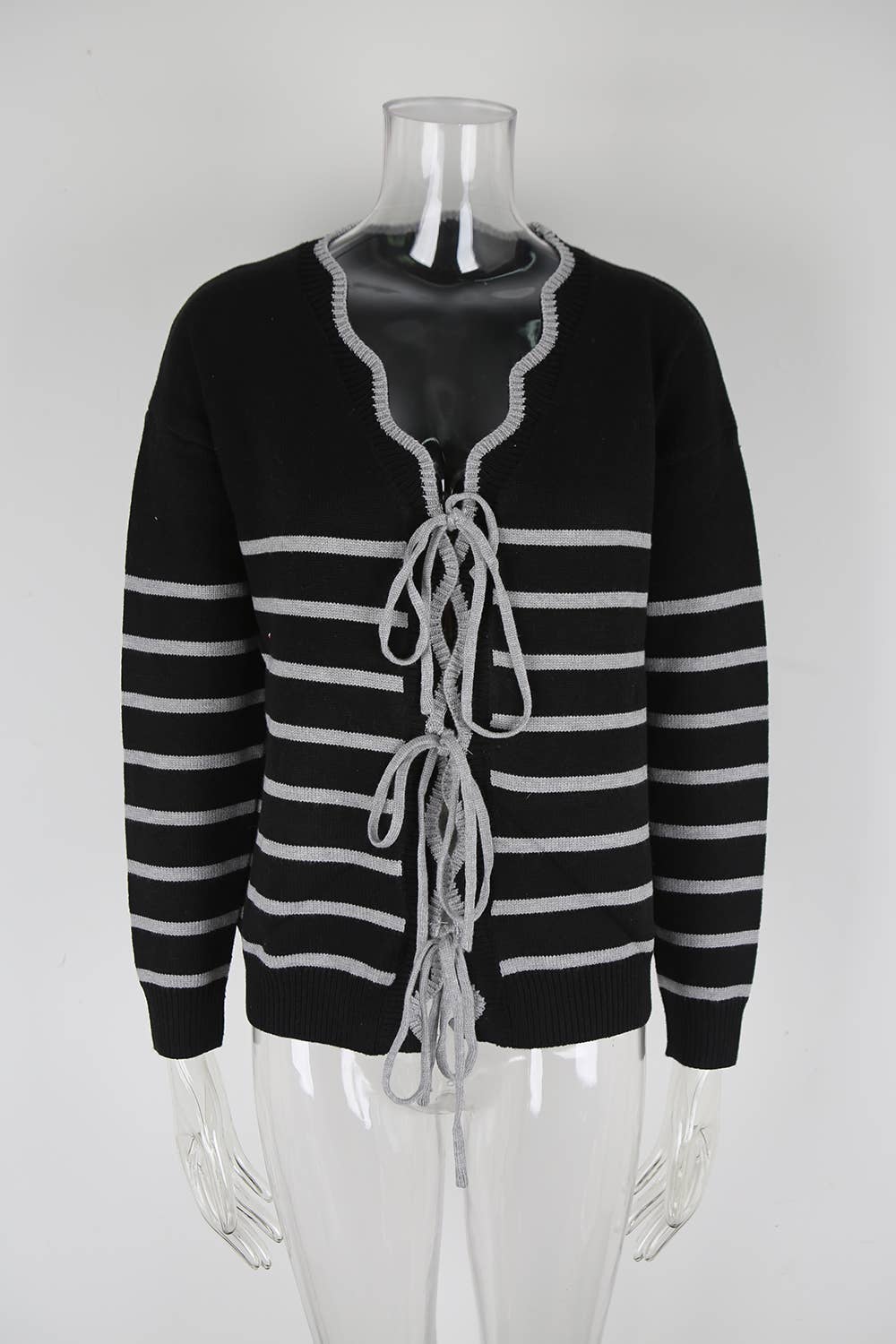 Striped color-blocked loose drawstring cardigan