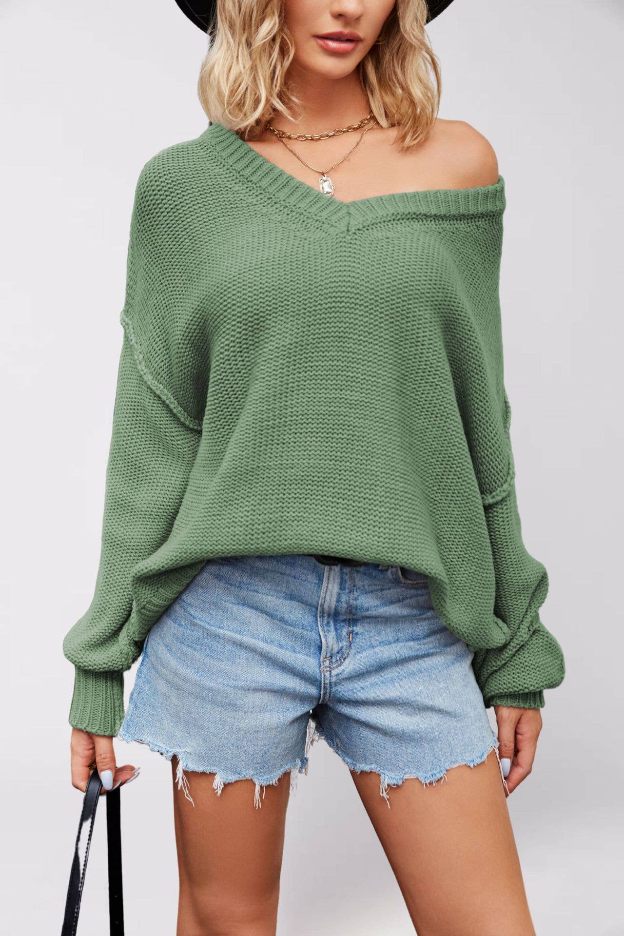 V-neck loose solid color long-sleeved sweater