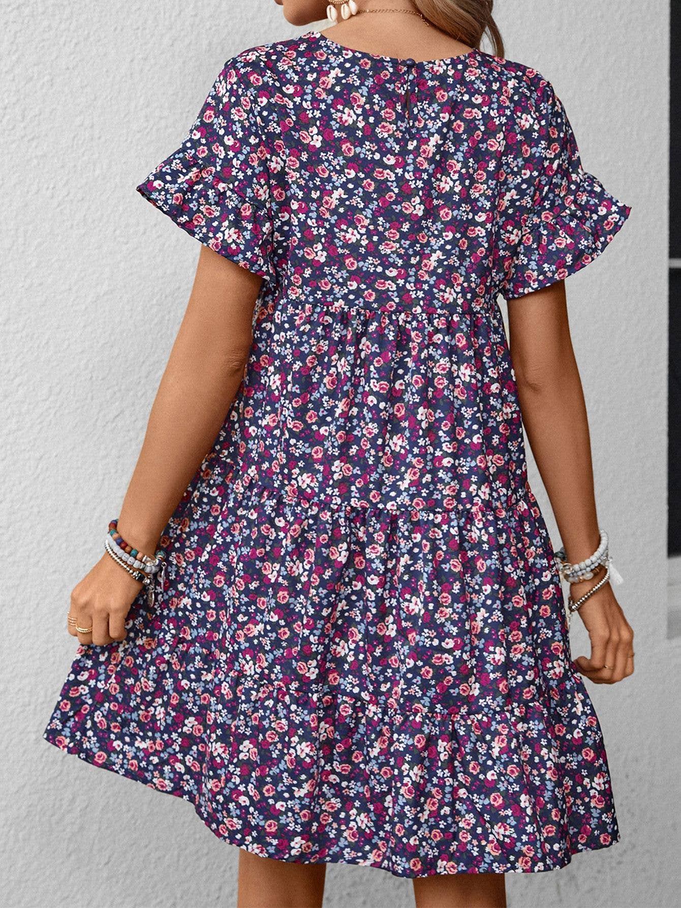 Leopard print floral crew-neck casual loose dress