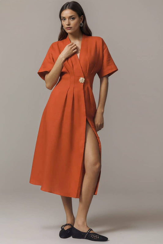 CWDMD6412_V-NECK BUTTON FRONT SPLIT HEM SHIRT DRESS