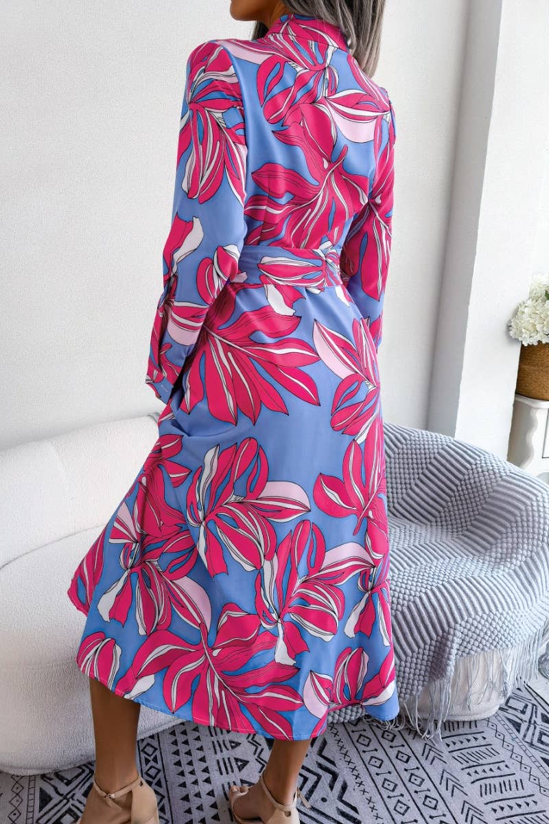 CWDMD2650_COLORFUL FLOWER LAPEL LACE-UP SHIRT LONG DRESS