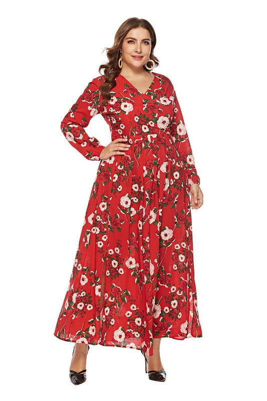 CWDMD3235_PLUS SIZE V NECK LONG SLEEVE PRINTED DRESS
