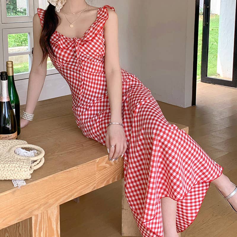 Retro tea break vacation checkered halter dress