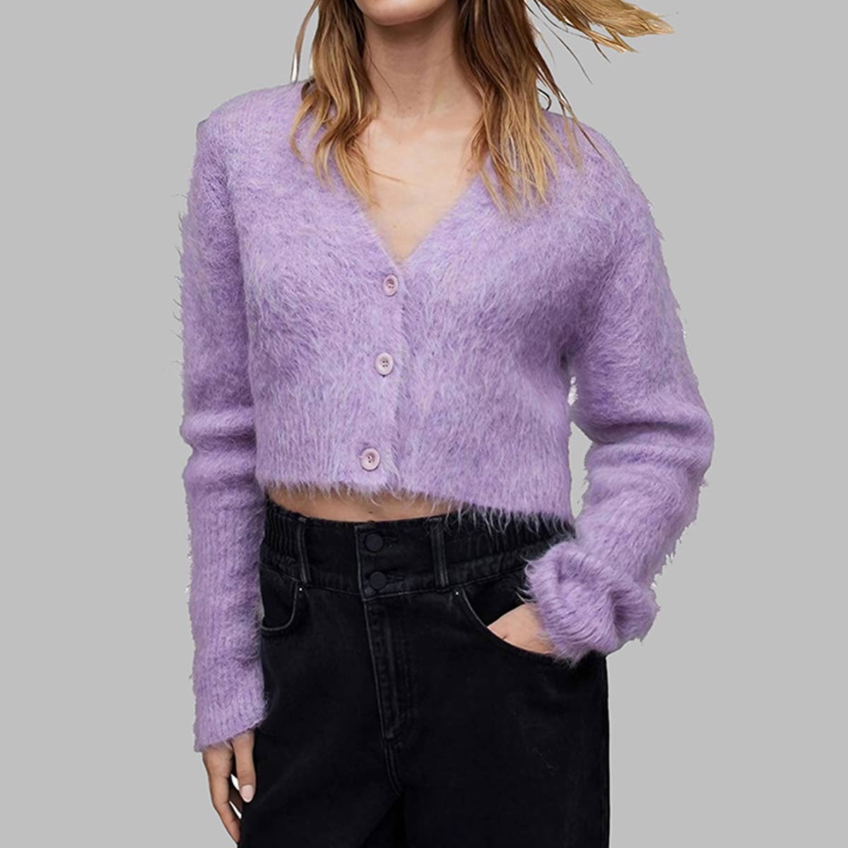 V-NECK SINGLE BREASTED MINK HAIR SHORT SWEATER