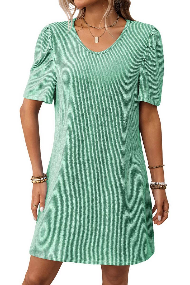 CWDSD7272_CONTRAST TWIST STRIPE PUFF SLEEVE MIDI DRESS