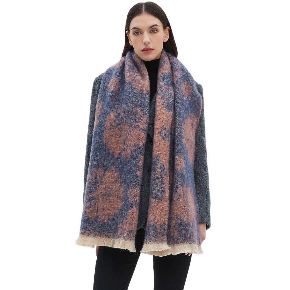 Floral Jacquard Scarf ? Winter Short Fringe Wrap